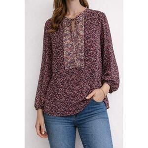 Chaps Petite Floral Boho Blouse Women’s Petites L Burgundy Sheer Yoke Tie Neck